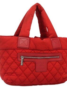 CHANEL Coco Cocoon Hand Bag Nylon Red Silver CC Auth 138367